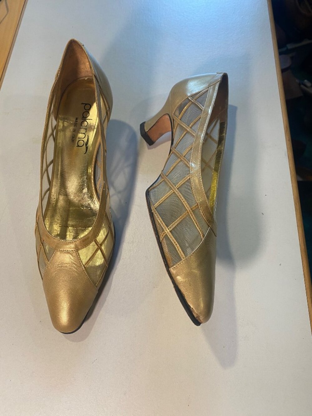 Paloma - Size 8M - Women's Golden Mesh Kitten Heels, Made in Italy